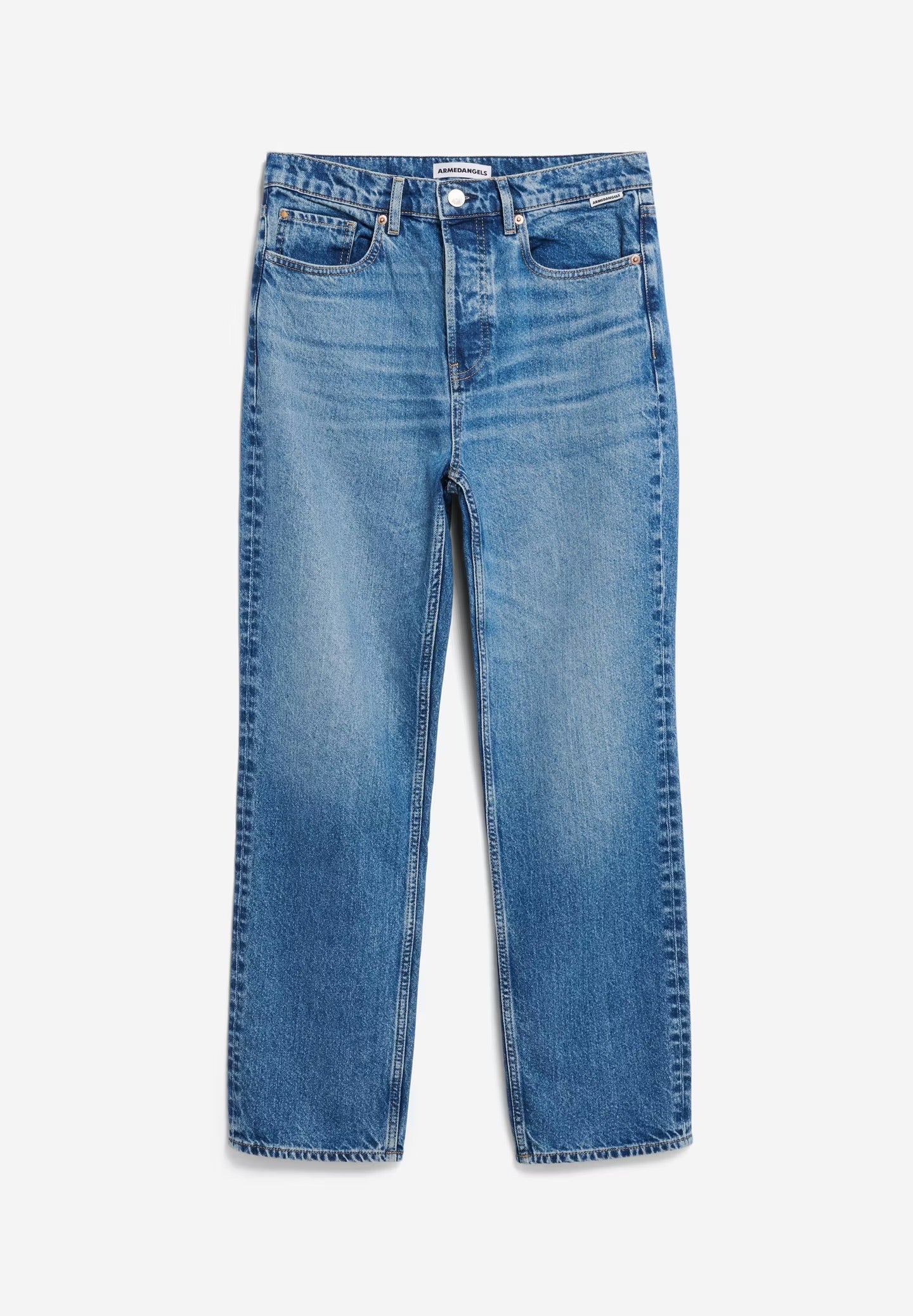 High waisted straight leg jeans from Armedangels. Five pockets, button placket, regular length. Made from 100% recycled cotton. Slightly washed out mid blue.