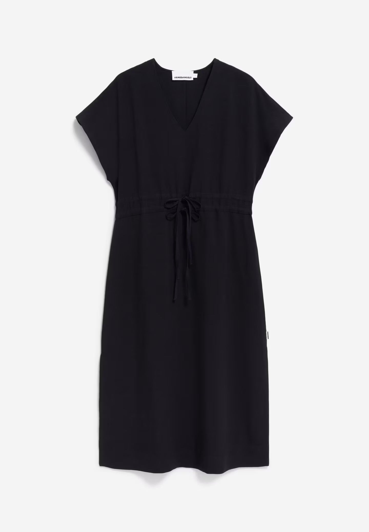 A black LENZING™ ECOVERO™ and linen blend dress from Armedangels is displayed against a plain white background. The dress features a deep V-neckline, short sleeves with a slight flare, and a drawstring waist that creates a cinched silhouette. The hemline reaches just below the knees, and the lightweight, flowy fabric drapes naturally. The Armedangels label is visible at the neckline.