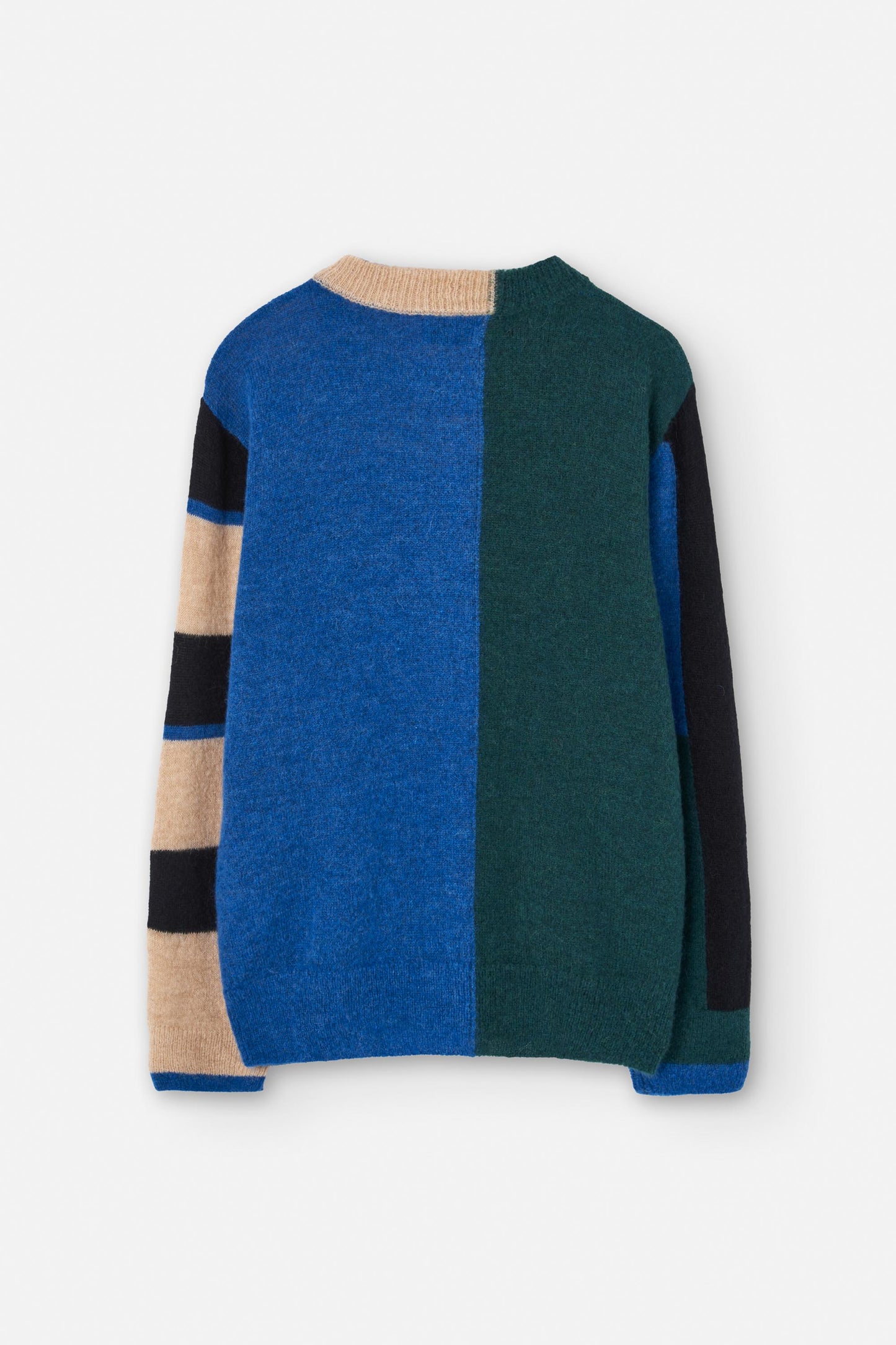 Knitted winter jumper from Suite13LAB. Made from a sustainable blend of baby alpaca, merino wool and recycled nylon. Regular fit, long sleeves, crew neck, ribbed cuffs and hem. Geometric colour block pattern all over in blue, dark green, beige and black.