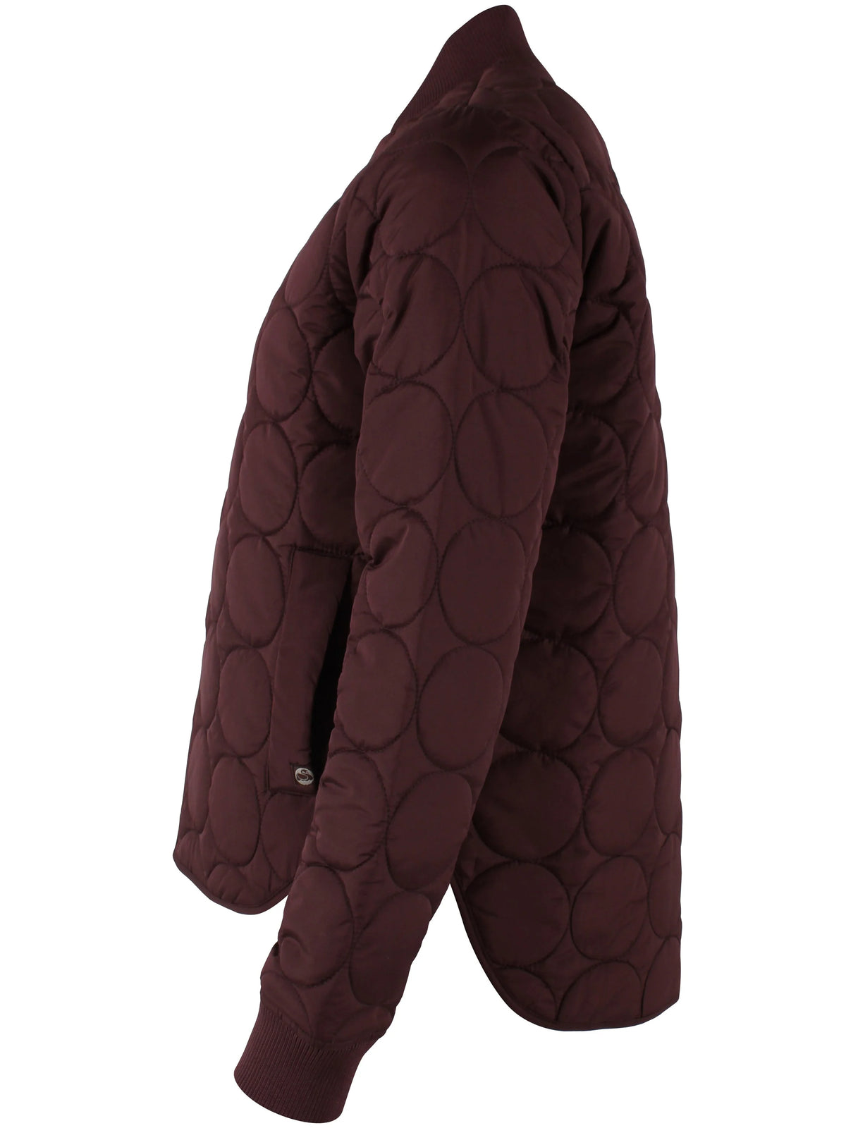 A dark burgundy quilted jacket by Danefae with a distinctive circular stitched pattern, shown from a side profile view against a plain white background.