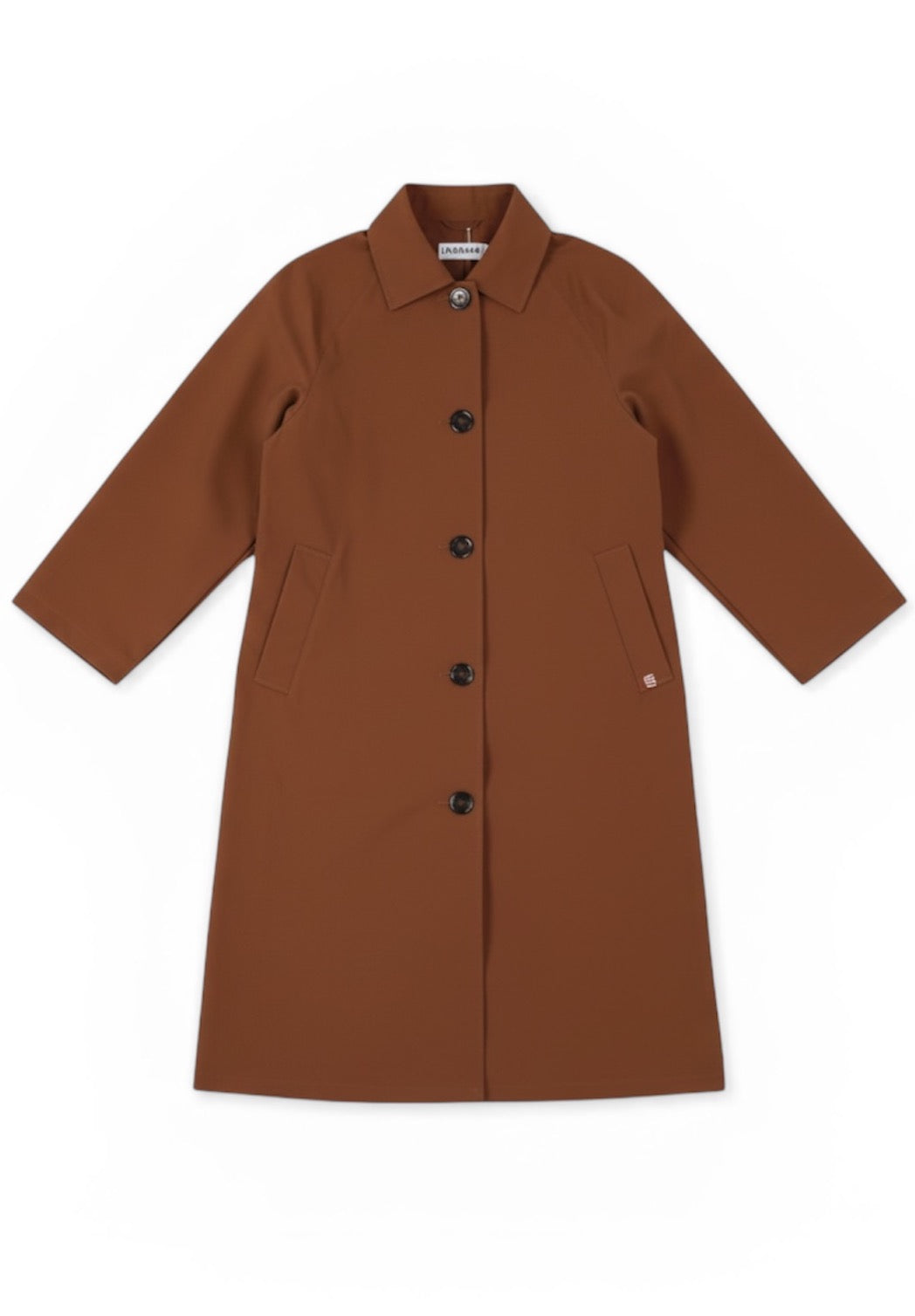 Brown coat with button details on a white background