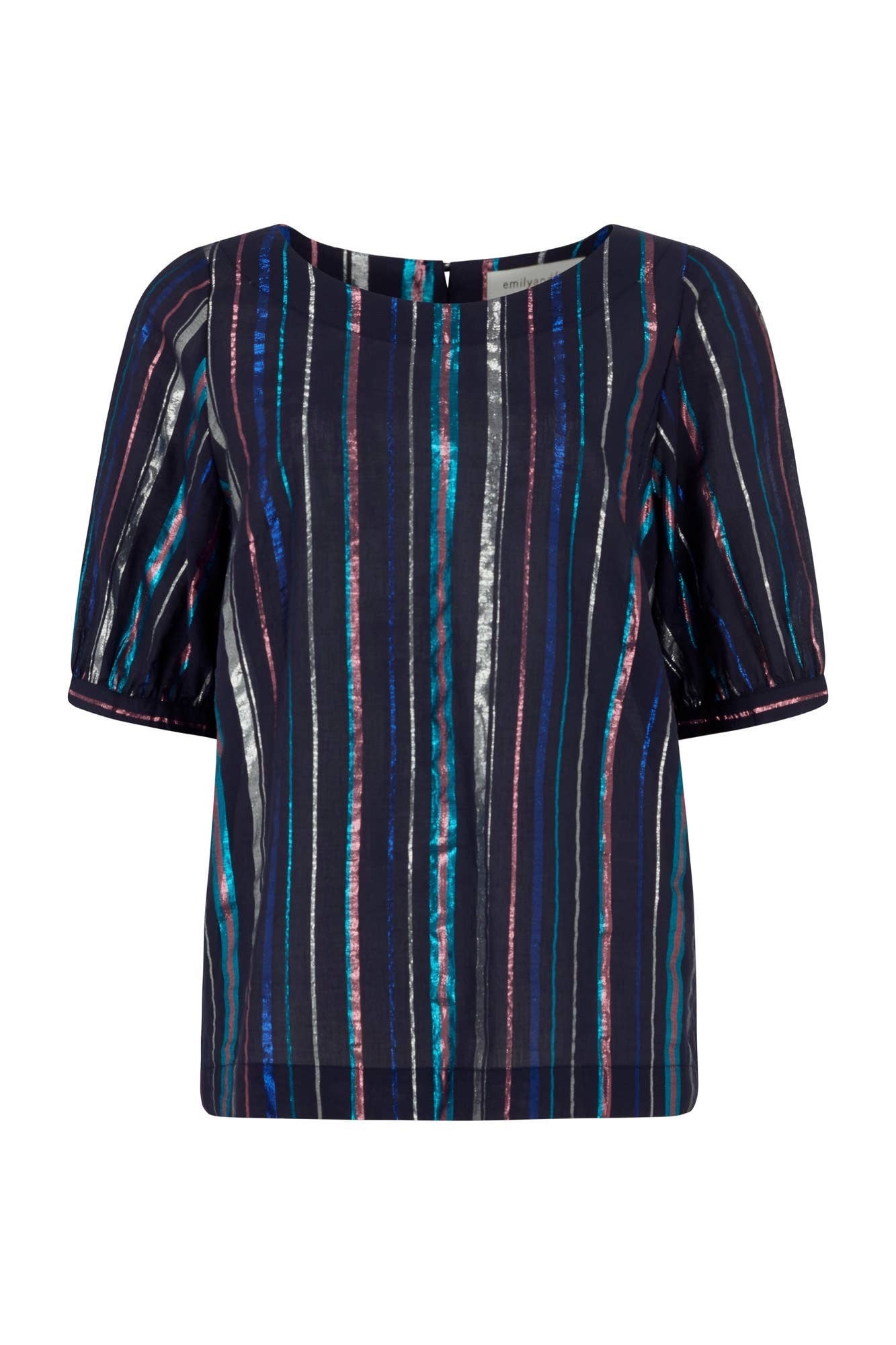 Festive top from Emily and Fin. Vertical lurex stripes of various with in blue, fuchsia and gold on a navy background. Boatneck, 1/2 sleeves. Made from cotton.