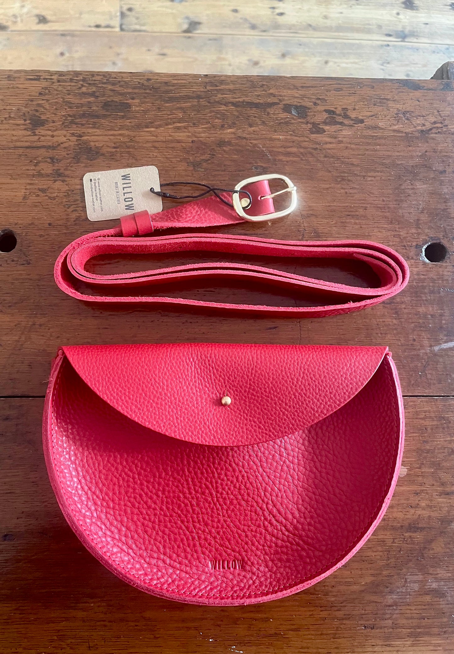 HANDMADE RED LEATHER HALFMOON CROSSBODY BAG