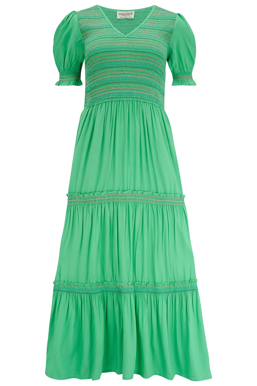 Bright green maxi summer dress from Sugarhill Brighton. Made from sustainable LENZING™ ECOVERO™, with rainbow shirring across the bust, v-neck and puffy 1/2 sleeves. Featuring a tiered skirt.