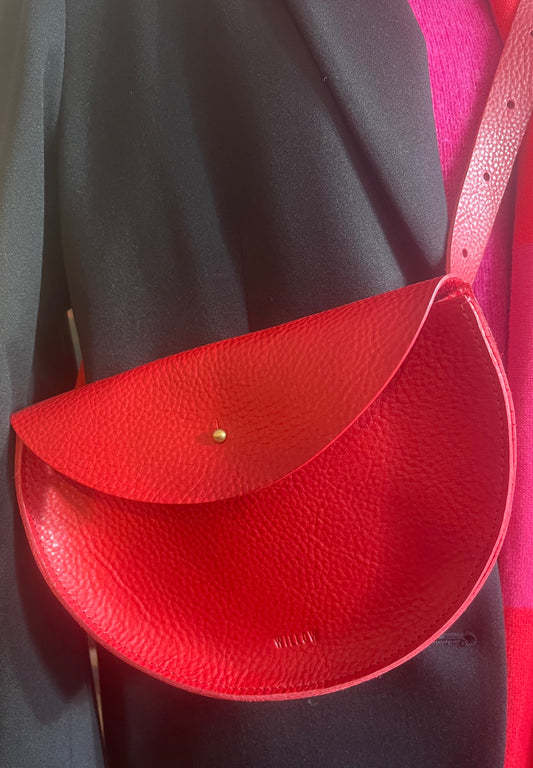 HANDMADE RED LEATHER HALFMOON CROSSBODY BAG