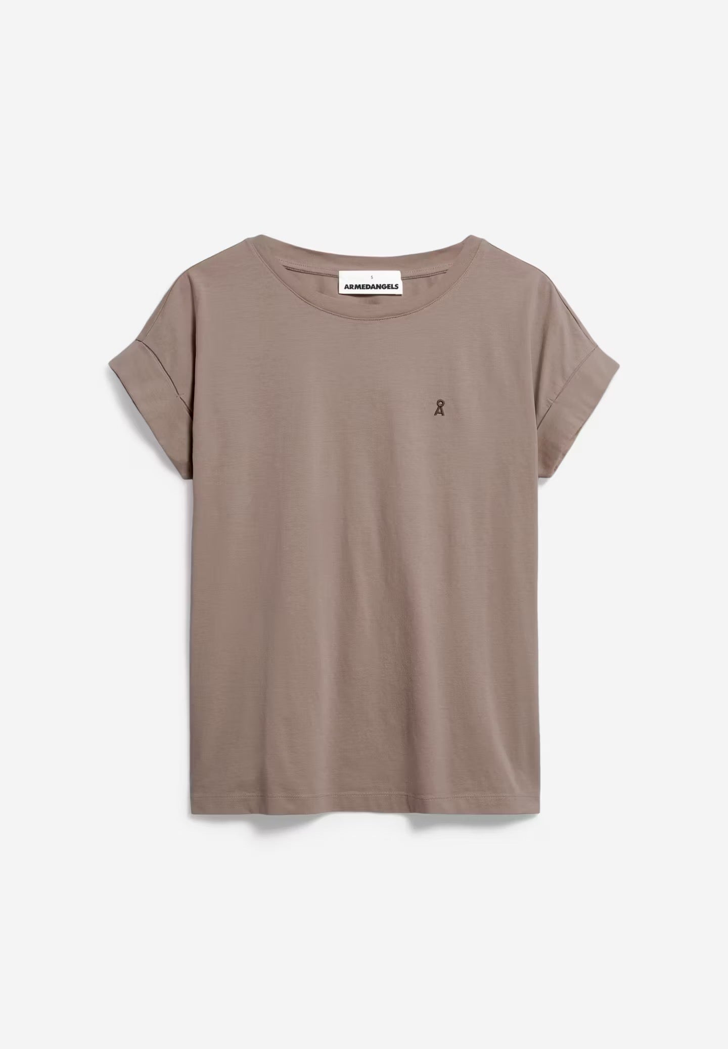 Loose fit t-shirt from Armedangels, with cap sleeves and a round neck, in a earthy light brown, made from sustainable organic cotton.