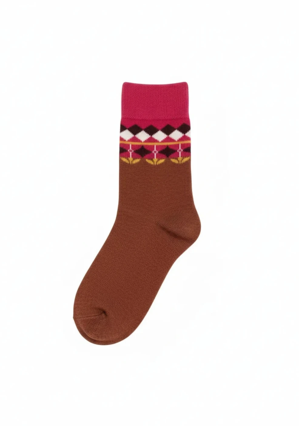 A single brown knit sock with a bright pink cuff, featuring a patterned band of navy, white, and brown geometric motifs, shown against a plain white background.