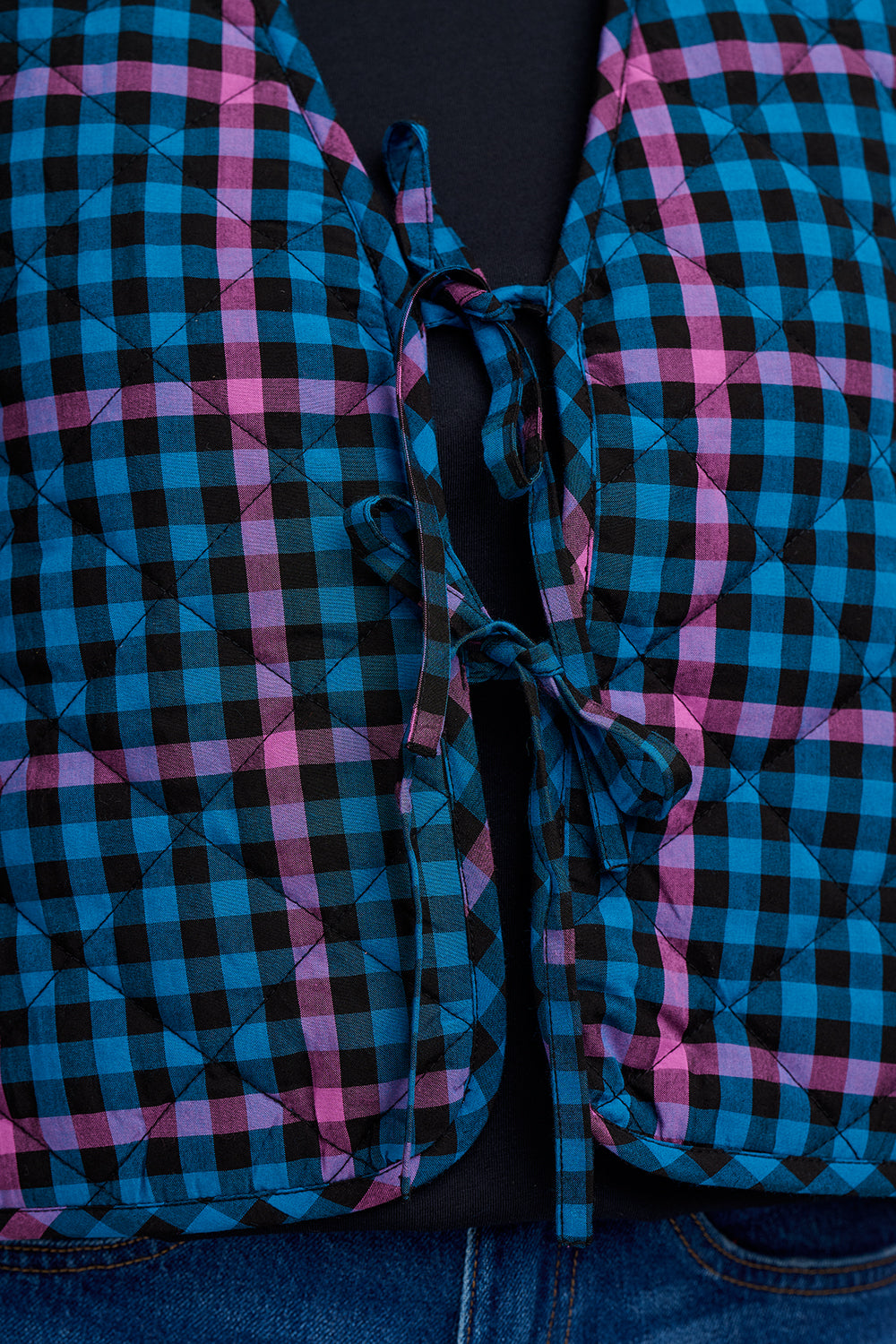 VANDER QUILTED WAISTCOAT | BLACK/TEAL GINGHAM