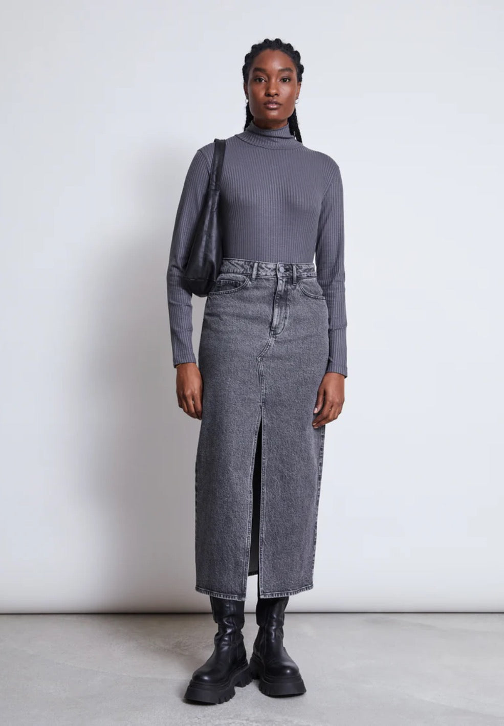 LUCE ORGANIC COTTON DENIM MIDI SKIRT | GREY