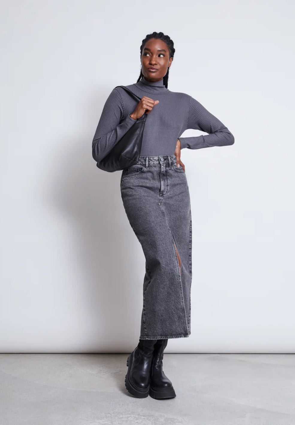 LUCE ORGANIC COTTON DENIM MIDI SKIRT | GREY