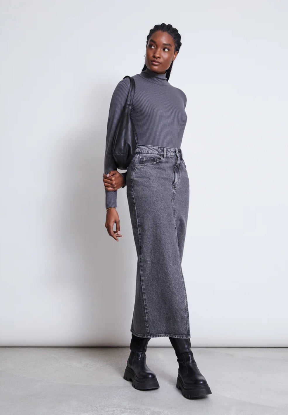 LUCE ORGANIC COTTON DENIM MIDI SKIRT | GREY