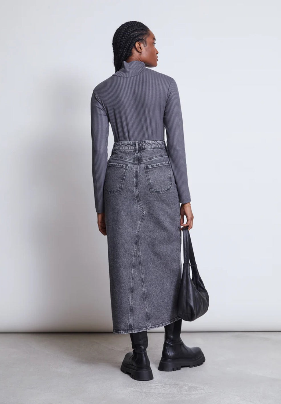 LUCE ORGANIC COTTON DENIM MIDI SKIRT | GREY