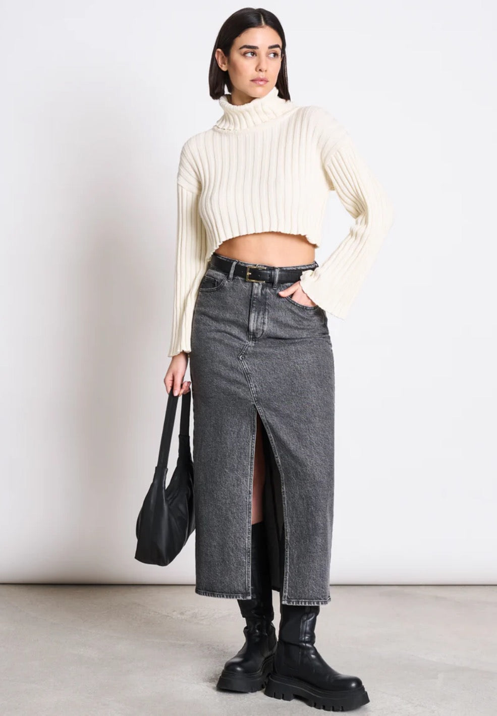 LUCE ORGANIC COTTON DENIM MIDI SKIRT | GREY