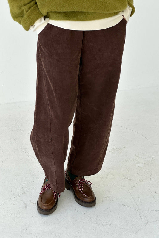 Person wearing brown barrel-leg corduroy Arc pants from Le Bon Shoppe and brown shoes on a white background