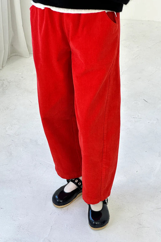 Bright red corduroy Arc pants from Le Bin Shoppe worn by a person on a white background