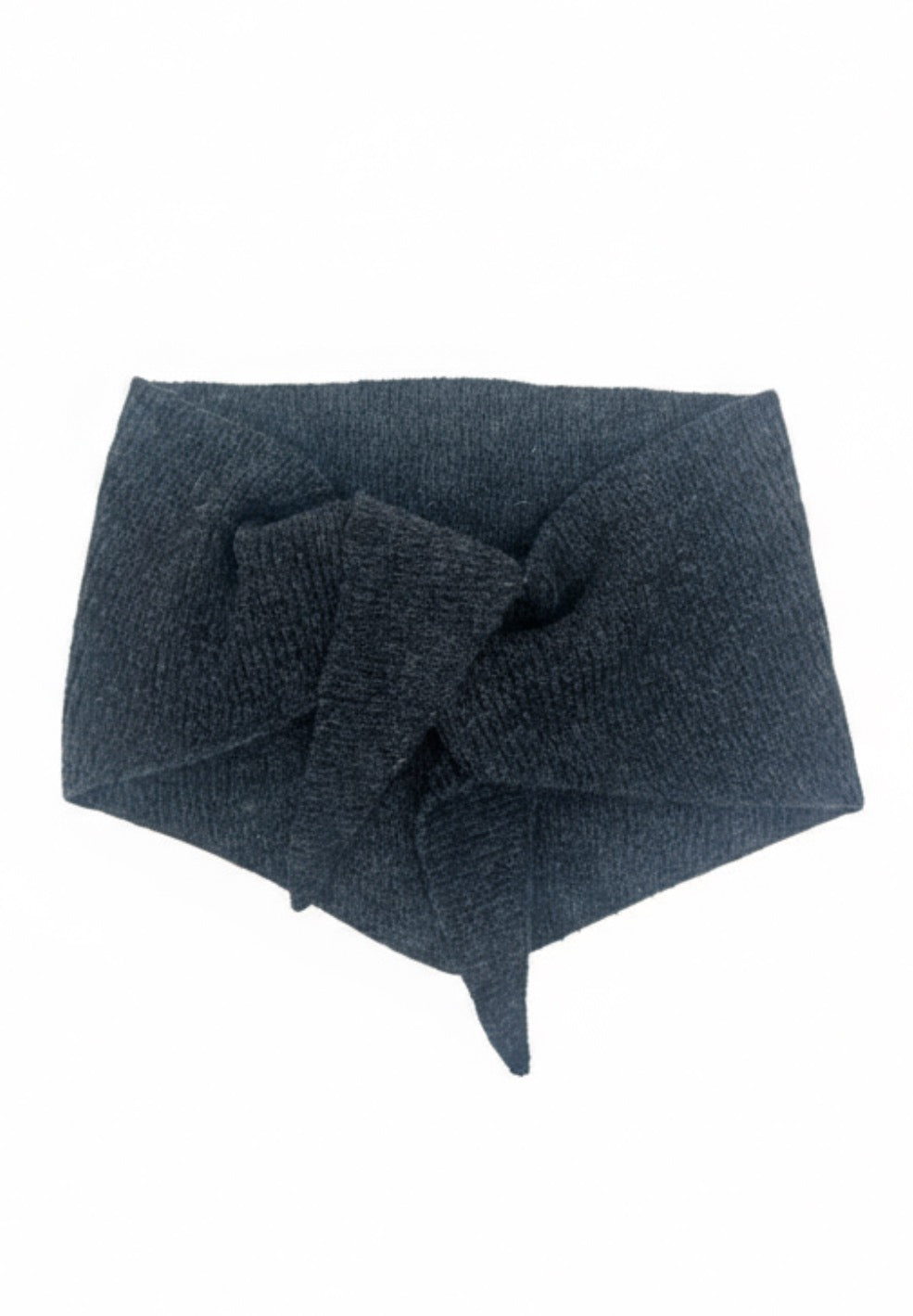 Charcoal coloured knitted triangular merino wool scarf on a white background