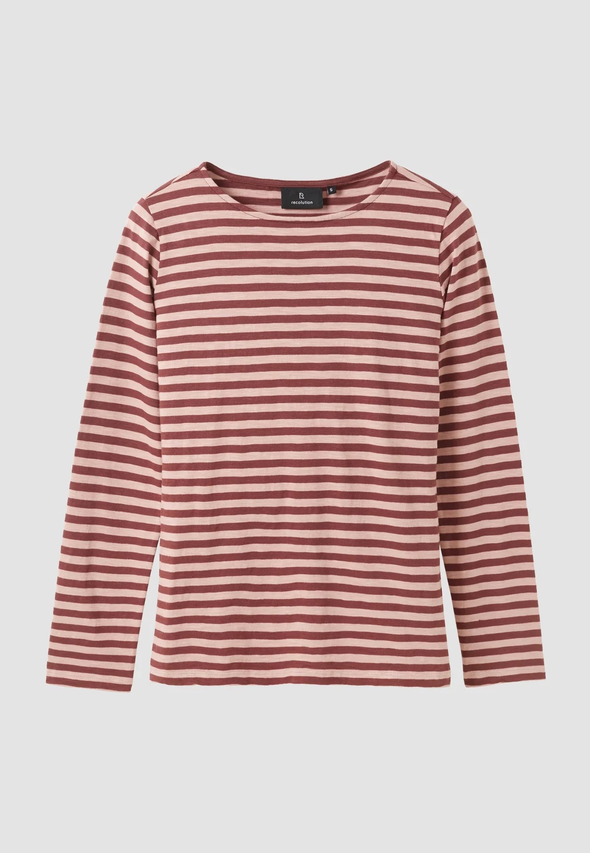 A long-sleeve crewneck top with horizontal stripes in dusty rose and cream, displayed against a light gray background.
