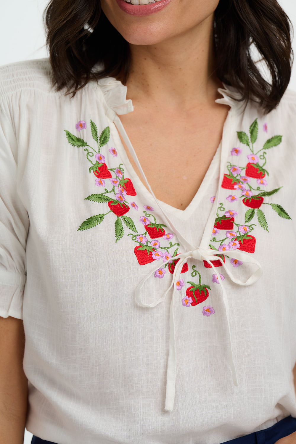 ANGELIQUE SHIRRED EMBROIDERED BLOUSE | OFF WHITE - WILD STRAWBERRY