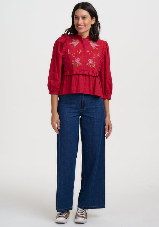 WILHELMINA FRILL BLOUSE | SCARLET RED HUMMINGBIRD ROSES