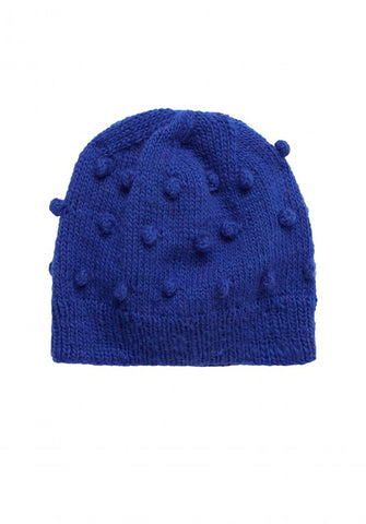 HAND KNITTED WOOLEN BOBBLE BEANIE HAT || BLUE