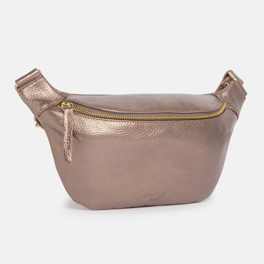 Ann Kurz Leather Bum Bag Metallic Rame against a white background
