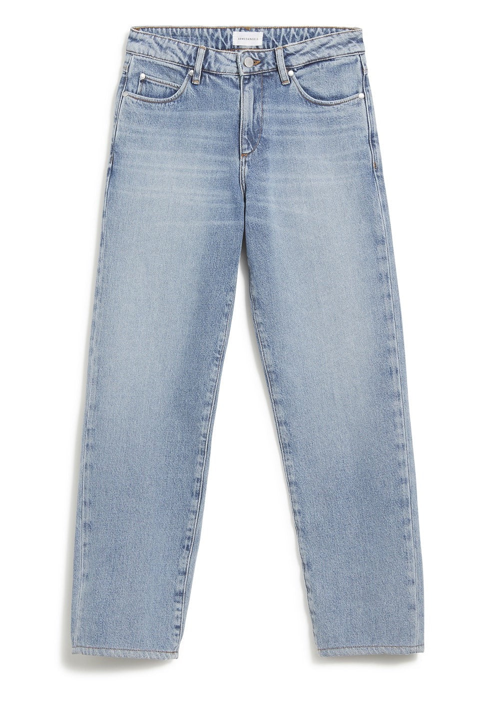 Straight leg mid waist jeans from Armedangels, slightly cropped length. Made from organic cotton. With zipper closure, side pockets and back pockets. In mid denim blue.