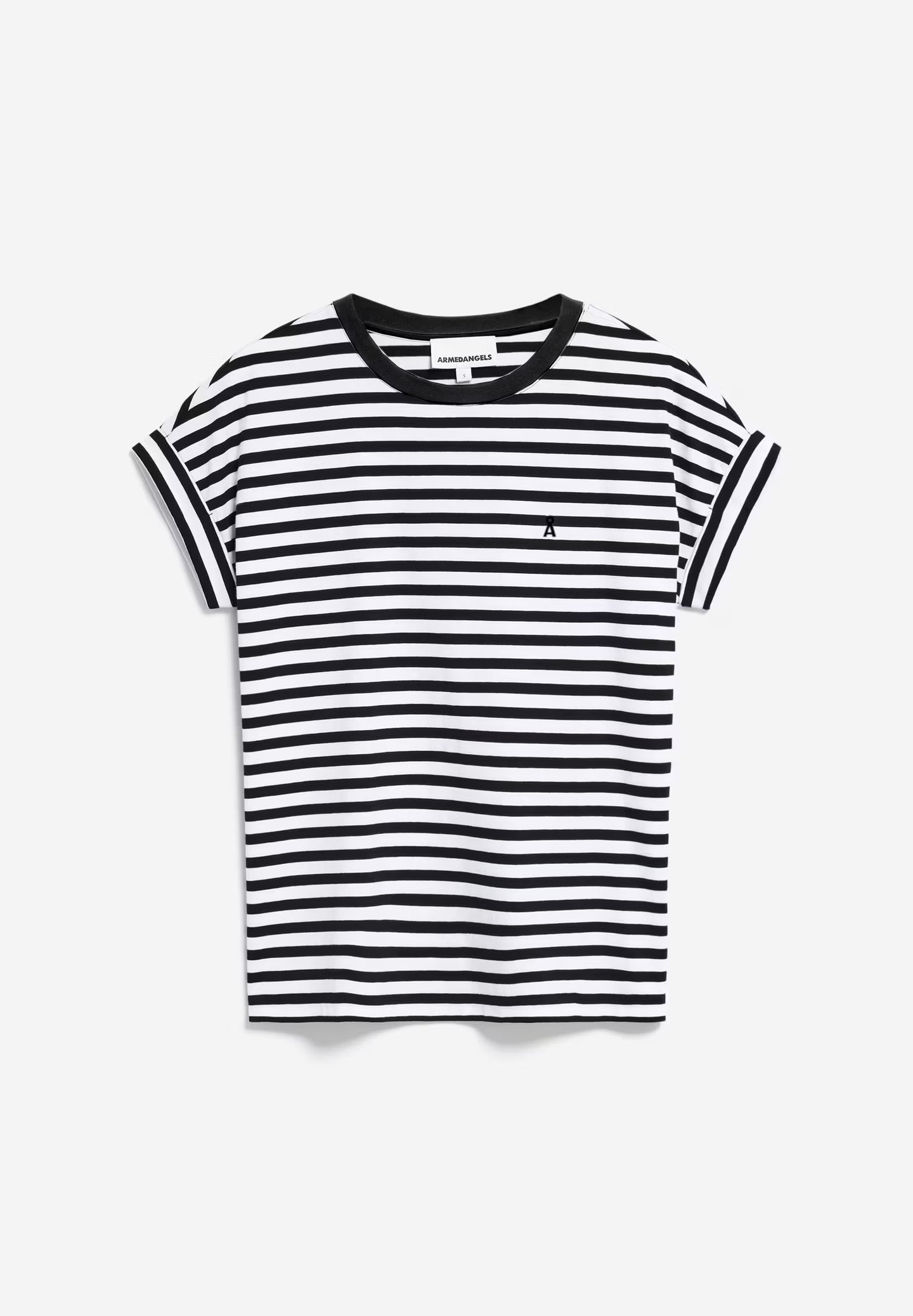 Cap sleeve t-shirt from Armedangels. Relaxed fit. Made from sustainable organic cotton. Black and white horizontal stripes.