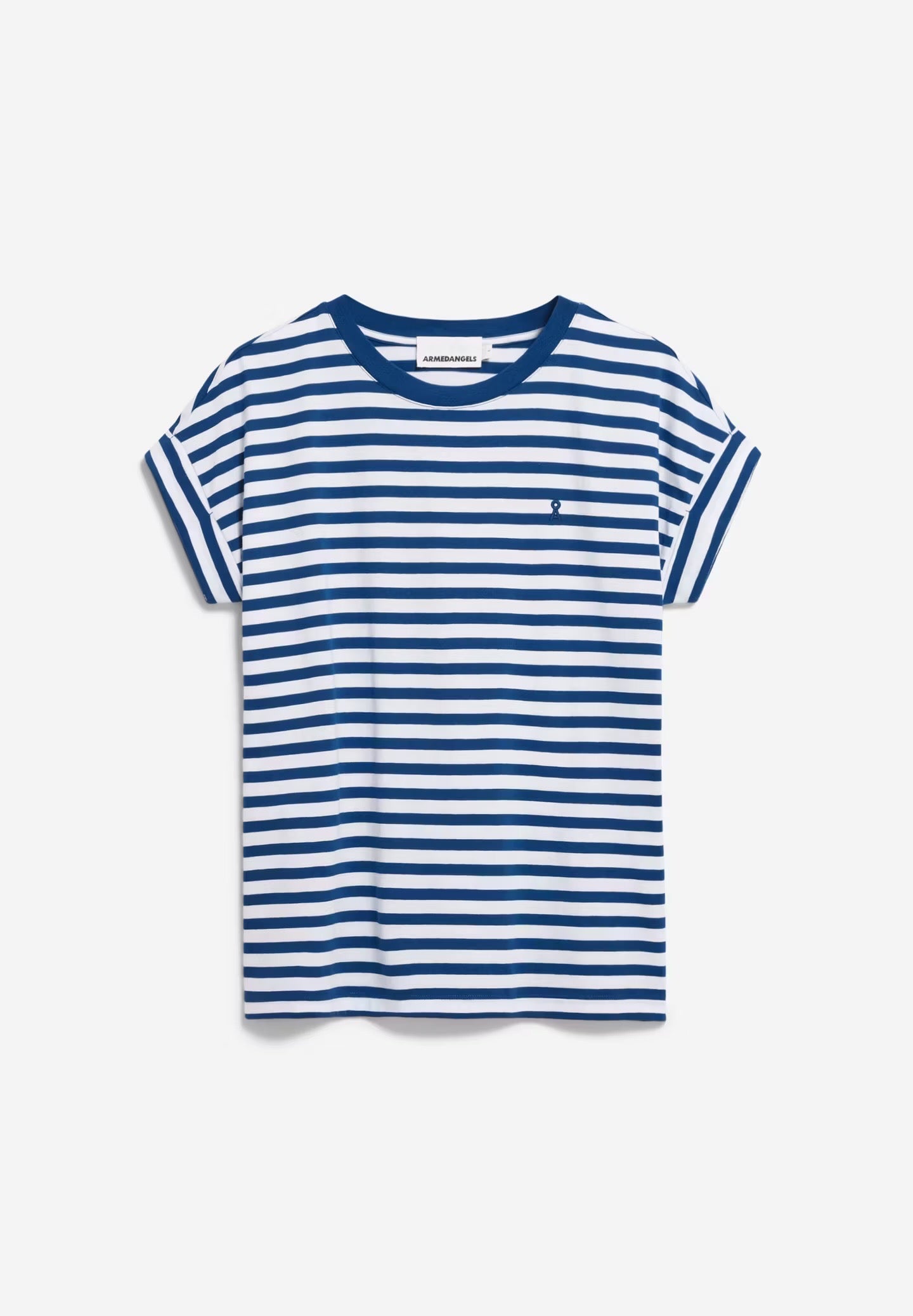 Cap sleeve t-shirt from Armedangels. Relaxed fit. Made from sustainable organic cotton. Blue and white horizontal stripes.