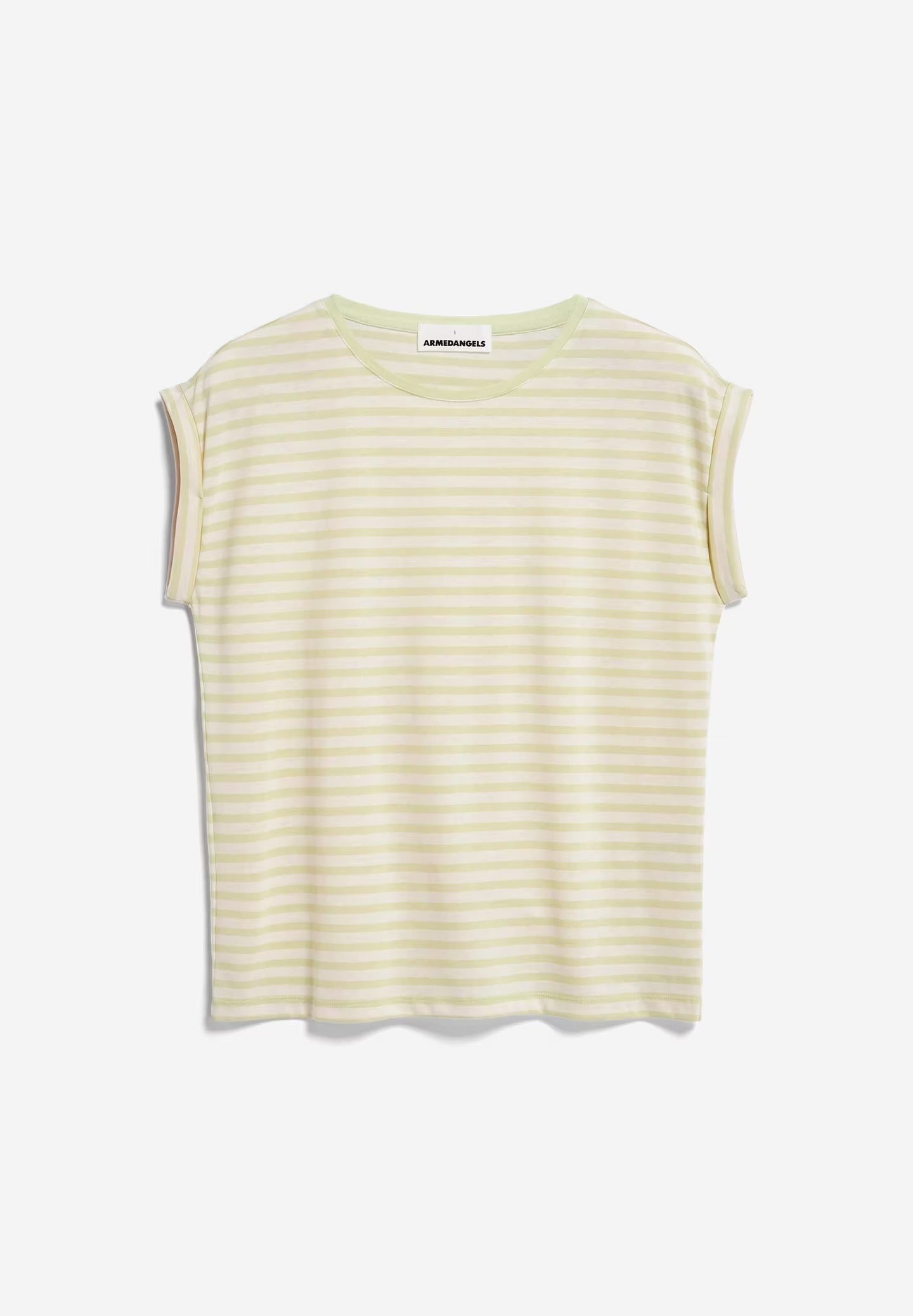 Armedangels Jilaana t-shirt made from a sustainable tencel lyocell and organic cotton blend. With cap sleeves and a round neckline. Relaxed fit. Pastel green horizontal stripes on a oat milk background.