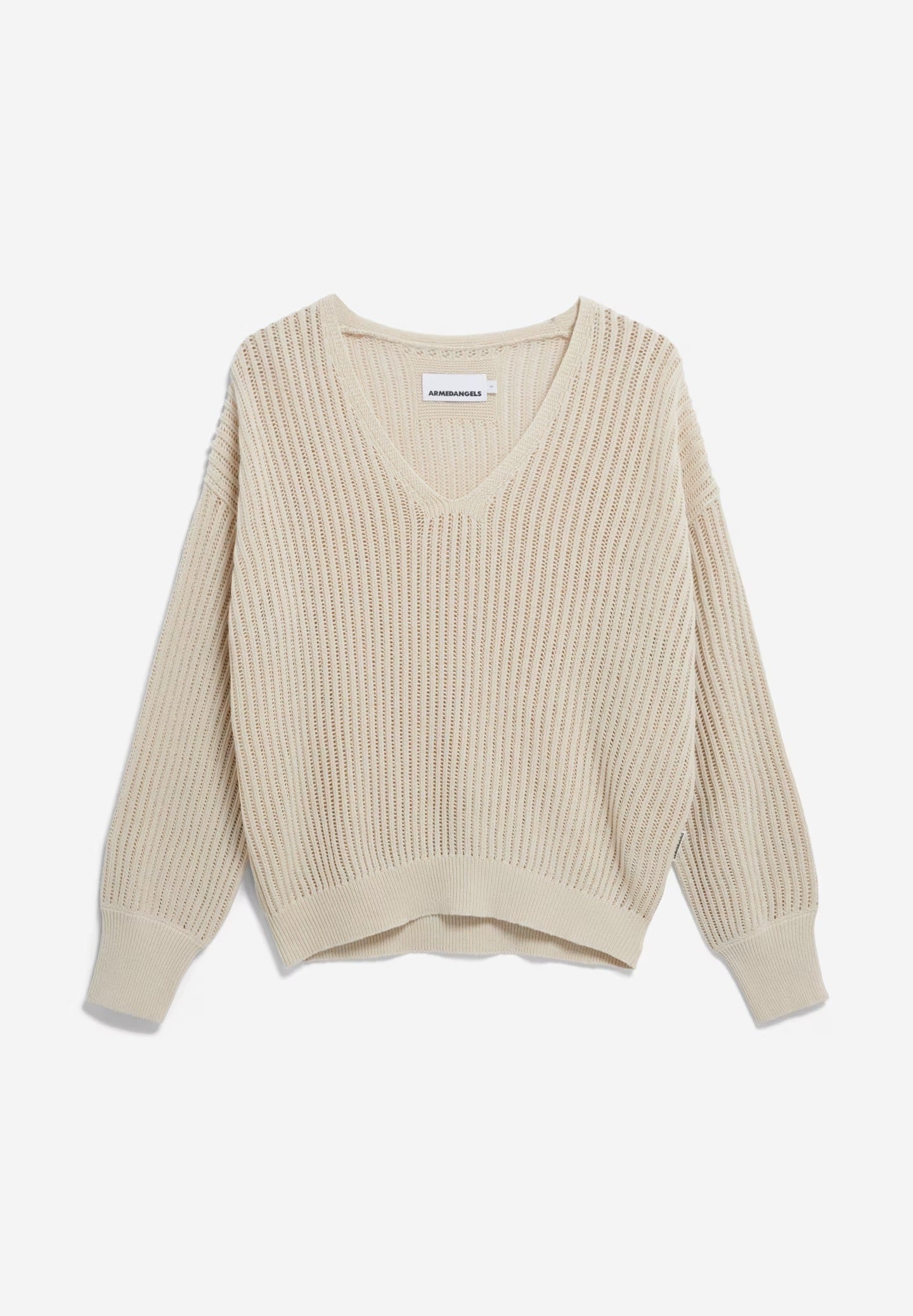 Relaxed fit jumper from ARMEDANGELS, made from a luxurious linen, organic cotton and LENZING™ ECOVERO™ blend. Medium-weight open-stich knit, ribbed optics, long sleeves, deep V-neckline. Light sand beige.