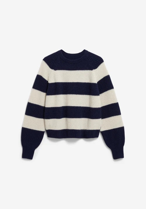 Navy and white striped nautical style chunky knit jumper from Armedangels on a white background