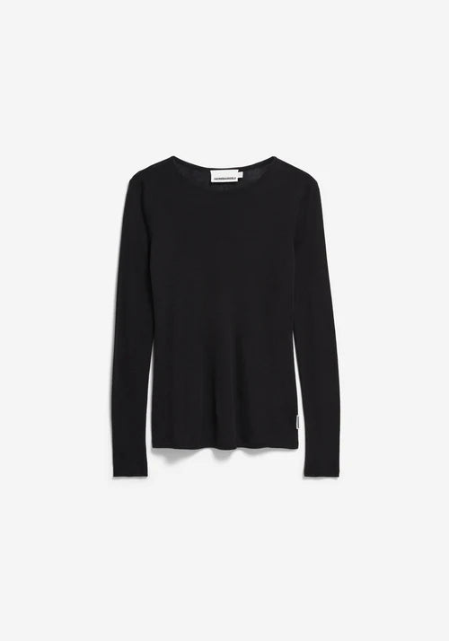 Black long-sleeve wool and Tencel blend top from Armedangels on a white background