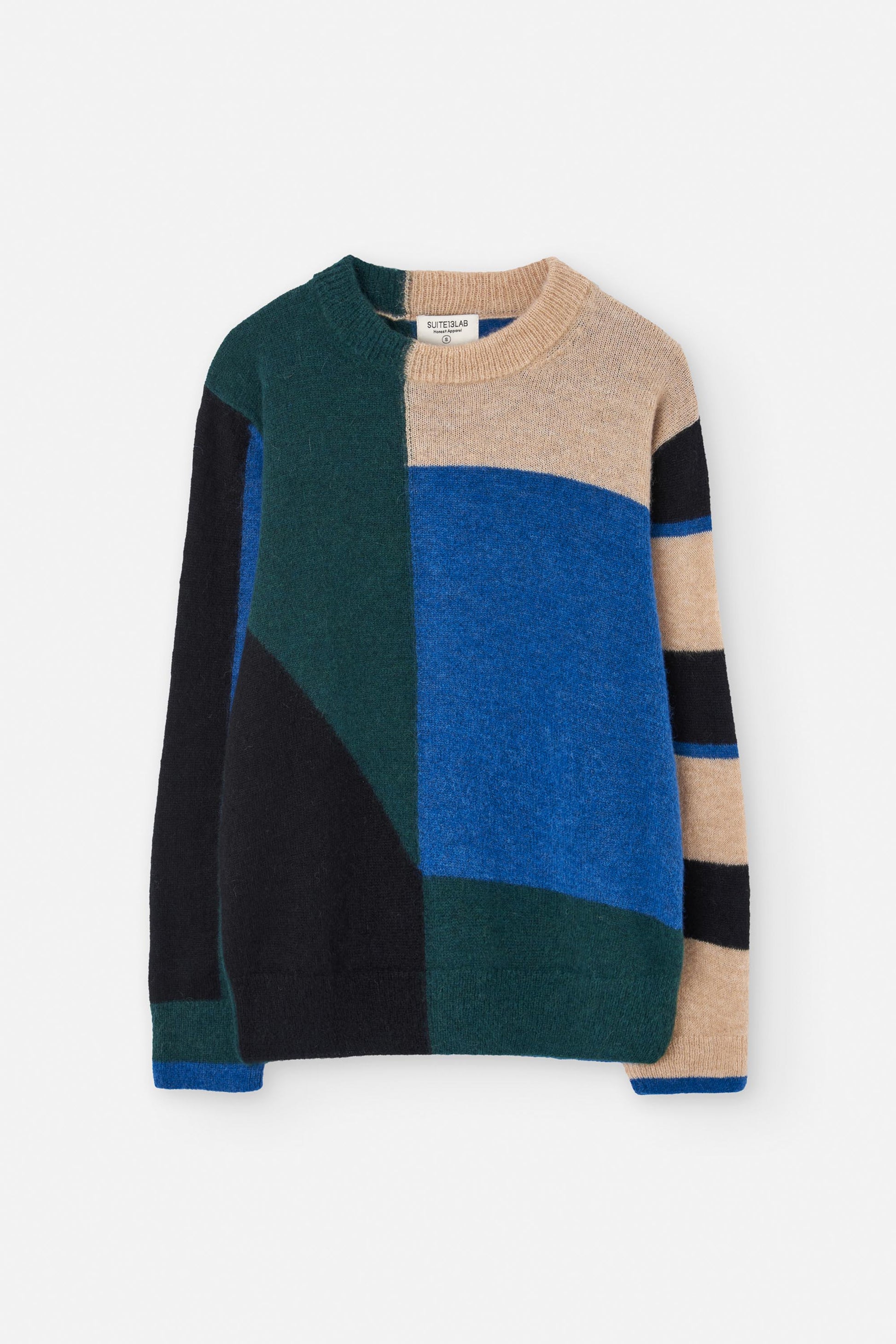 Knitted winter jumper from Suite13LAB. Made from a sustainable blend of baby alpaca, merino wool and recycled nylon. Regular fit, long sleeves, crew neck, ribbed cuffs and hem. Geometric colour block pattern all over in blue, dark green, beige and black.