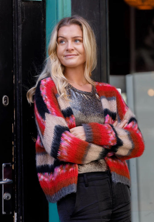CASEY MULTI STRIPED MOHAIR BLEND CARDIGAN | BERRY
