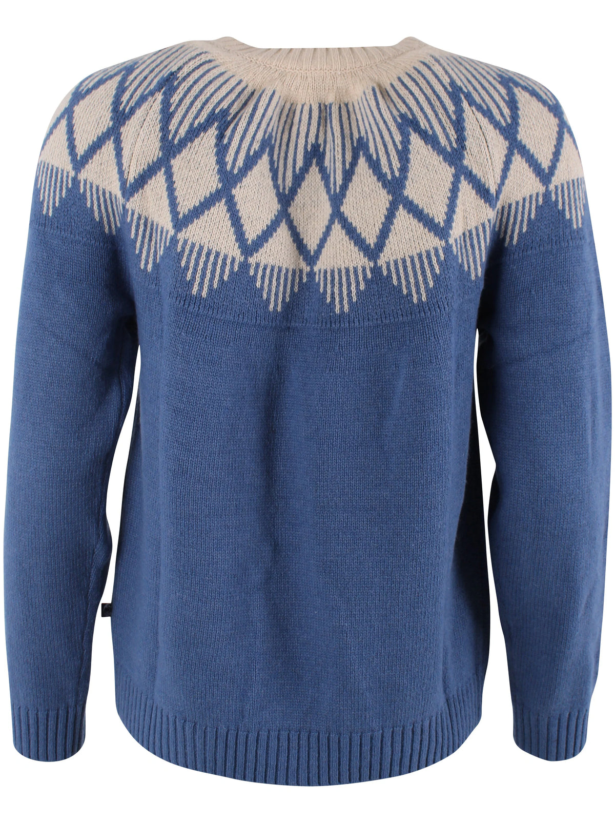 A blue knitted yoke jumper with a cream-colored geometric Fair Isle pattern across the shoulders and upper chest, shown against a plain white background.