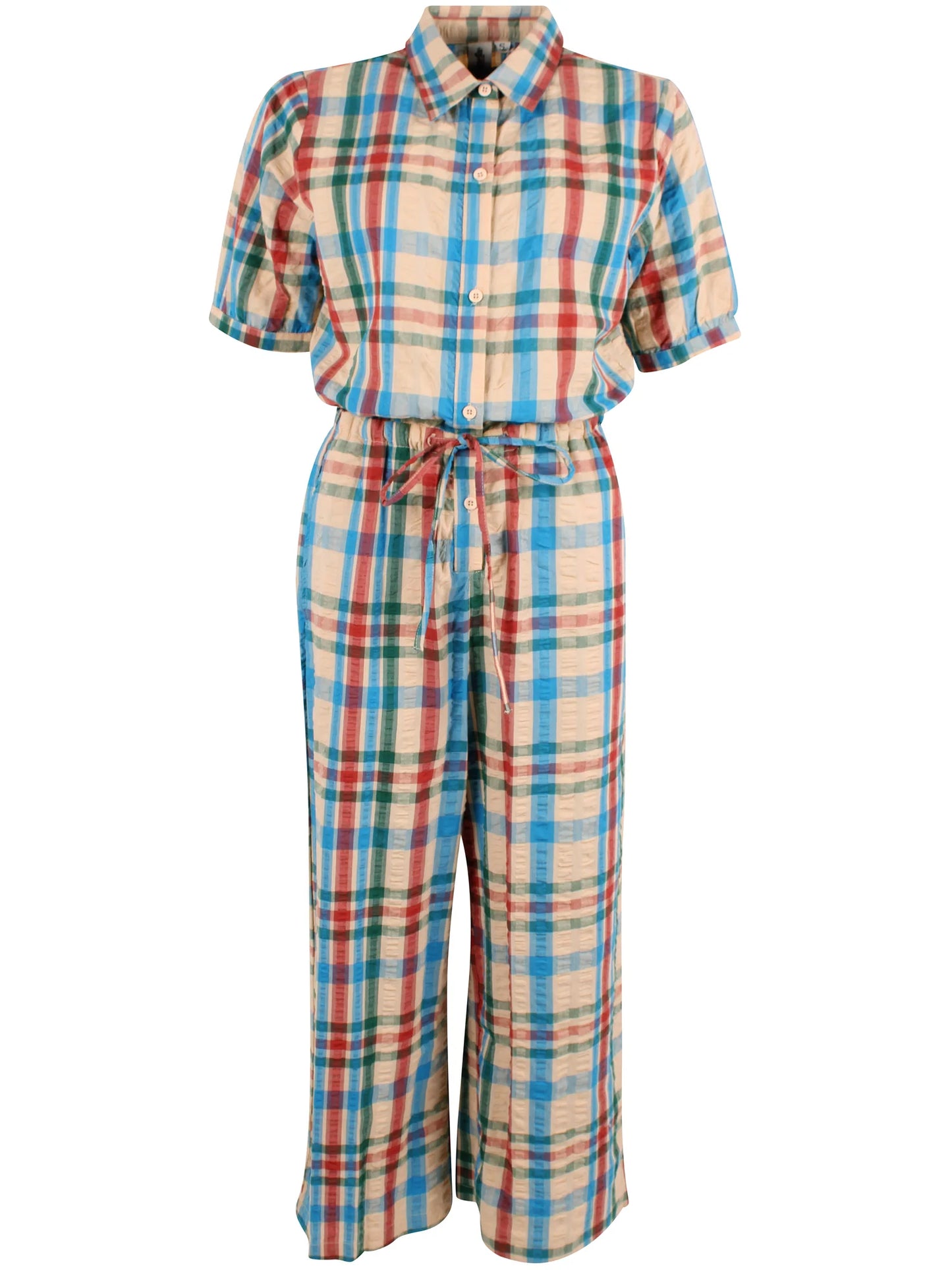 Plaid jumpsuit with a shirt and pants on a white background