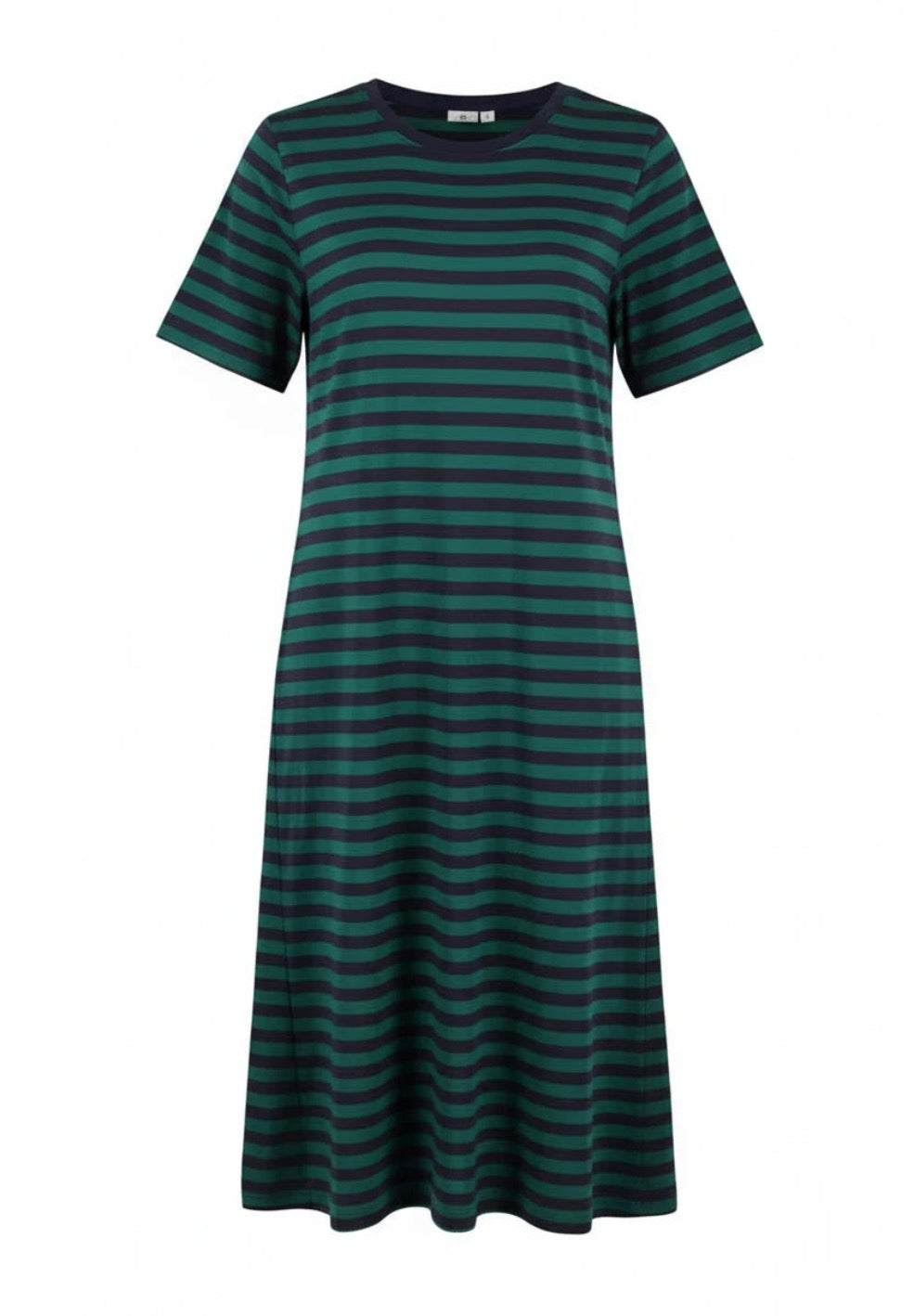 Midi length t-shirt dress by Danefae, made from 100% organic cotton. Round neckline and elbow length sleeves. Horizontal stripes in navy blue and dark green.