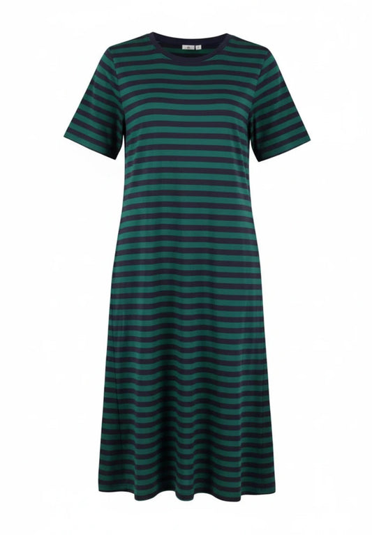 Midi length t-shirt dress by Danefae, made from 100% organic cotton. Round neckline and elbow length sleeves. Horizontal stripes in navy blue and dark green.
