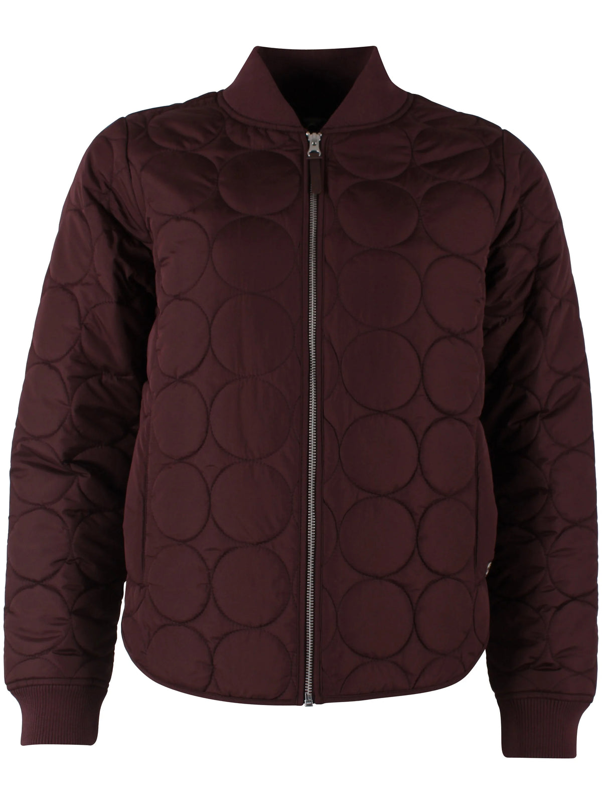 A dark burgundy quilted bomber jacket by Danefae with a distinctive circular pattern, featuring a full-length front zipper and ribbed collar, cuffs, and hem.