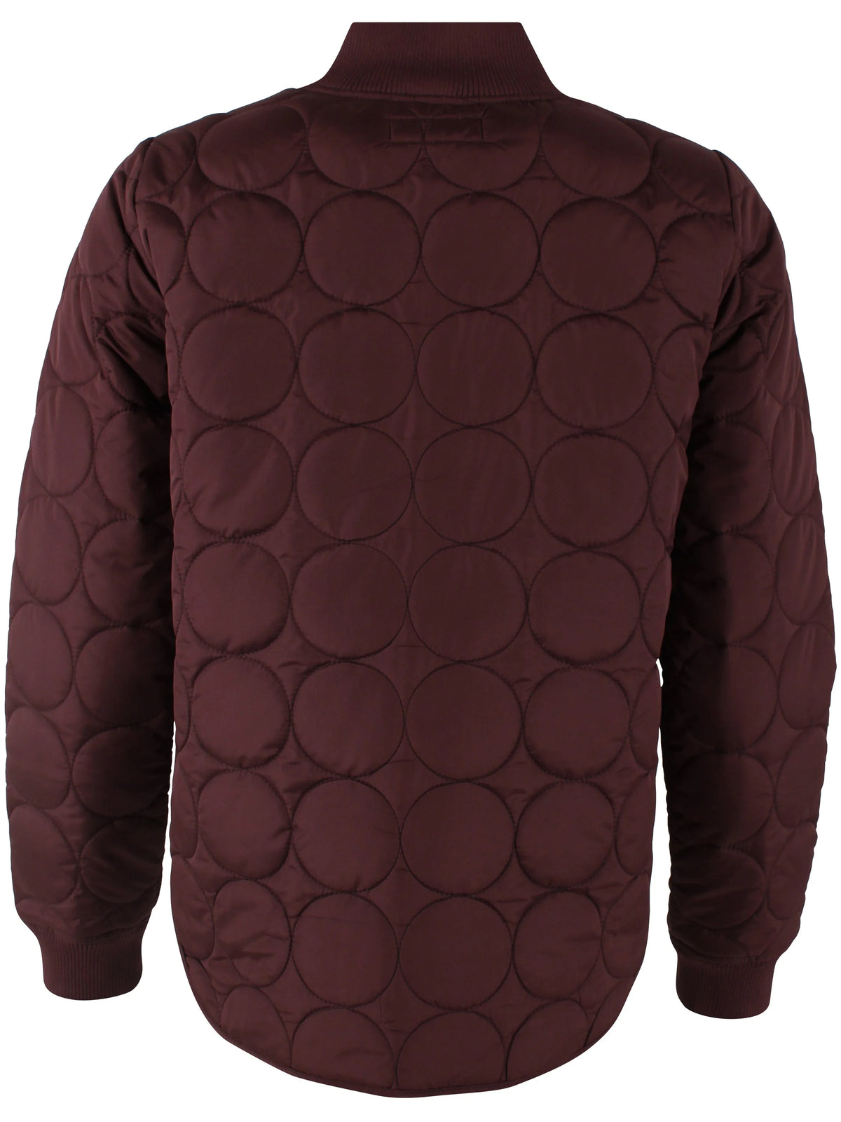 A dark burgundy quilted jacket from Danefae featuring a distinctive pattern of large overlapping circles across the body and sleeves, shown from the back on a plain white background.