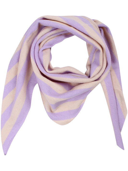 A lightweight striped wool scarf by Danefae in lavender purple and beige, styled in a loose knot on a solid white background.