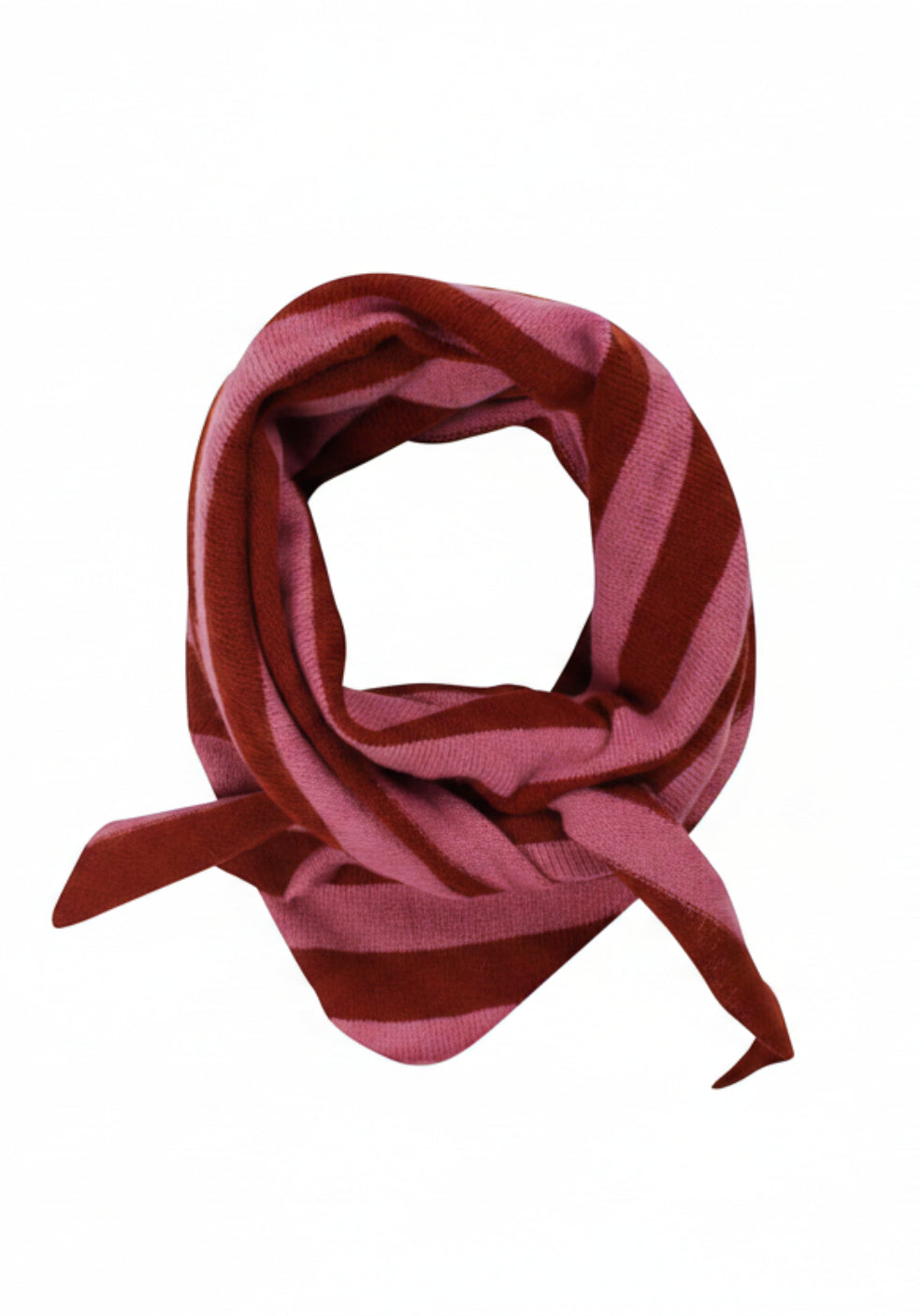 A striped knit merino wool scarf from Danefae in alternating shades of dusty pink and deep burgundy, tied in a loop to display its pattern and texture against a plain white background.