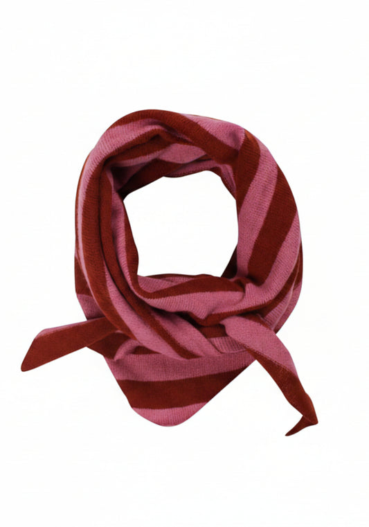 A striped knit merino wool scarf from Danefae in alternating shades of dusty pink and deep burgundy, tied in a loop to display its pattern and texture against a plain white background.
