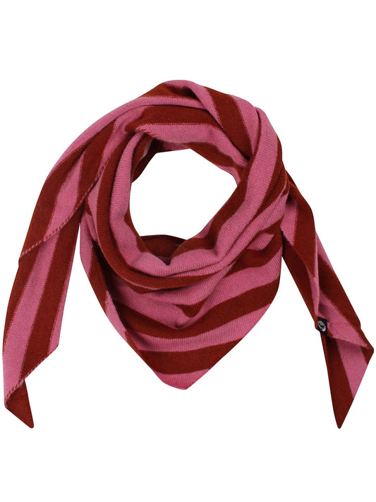A pink and dark red striped wool knit scarf by Danefae, styled in a loop to show its triangular shape, photographed against a solid white background.