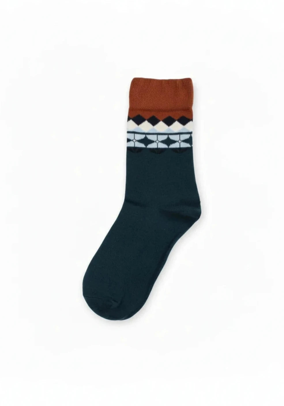 A single crew sock by Danefae with a dark teal body, featuring a patterned cuff with rust orange, white, and navy diamond motifs, shown against a plain white background.