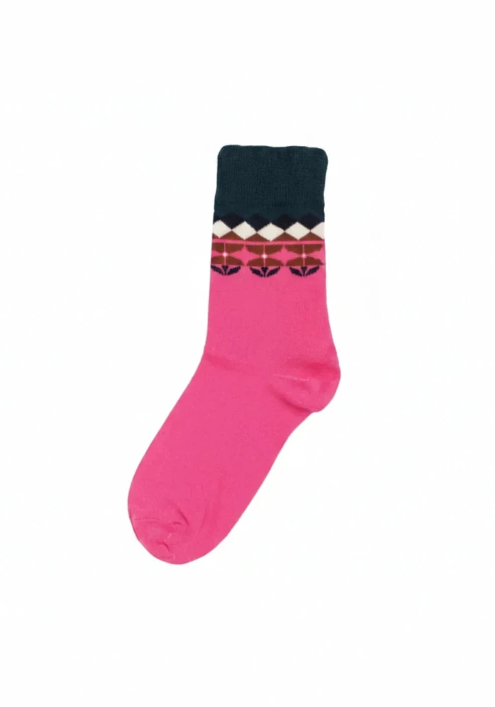 A single bright pink crew sock by Danefae with a dark teal ribbed cuff, featuring a patterned band of navy, cream, brown, and pink argyle and geometric motifs, shown on a plain white background.