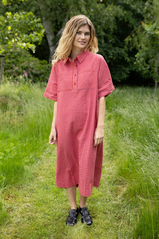 Woman wearing a red checkered dress standing in a grassy field