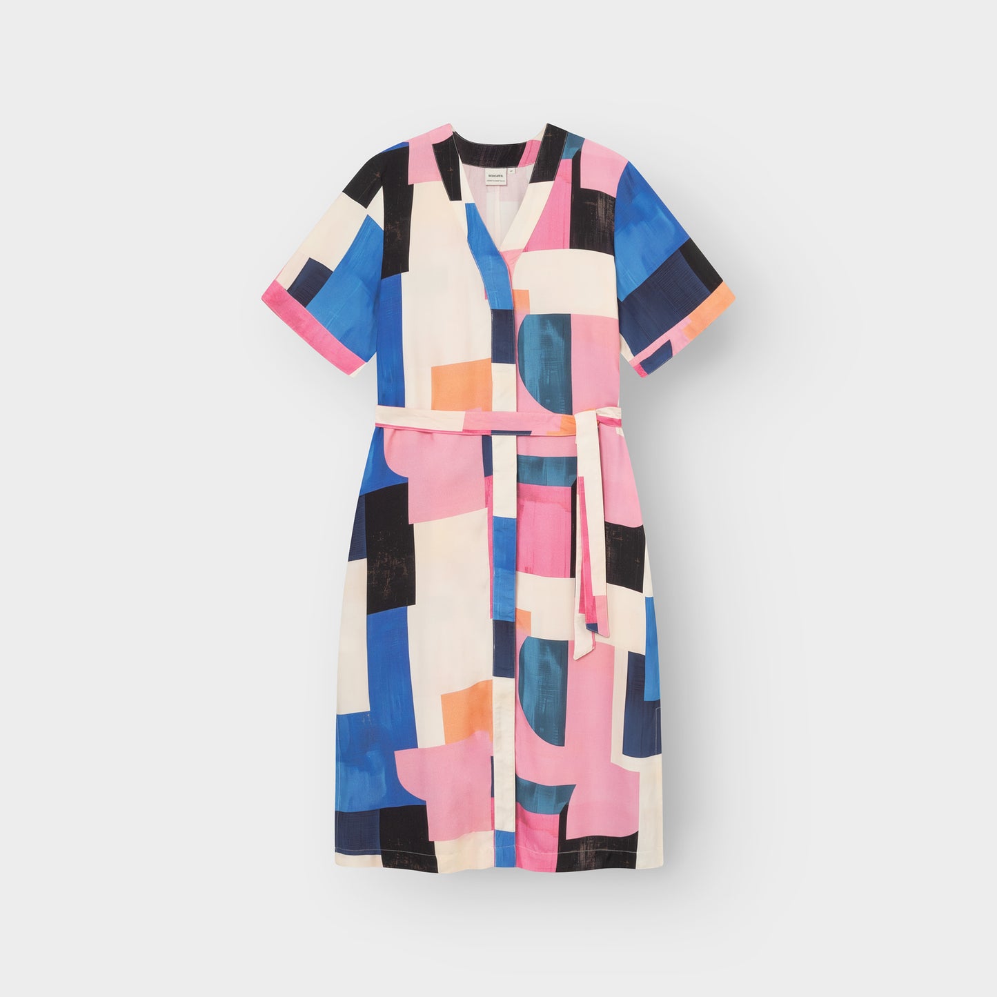 Colorful geometric-patterned dress on a white background