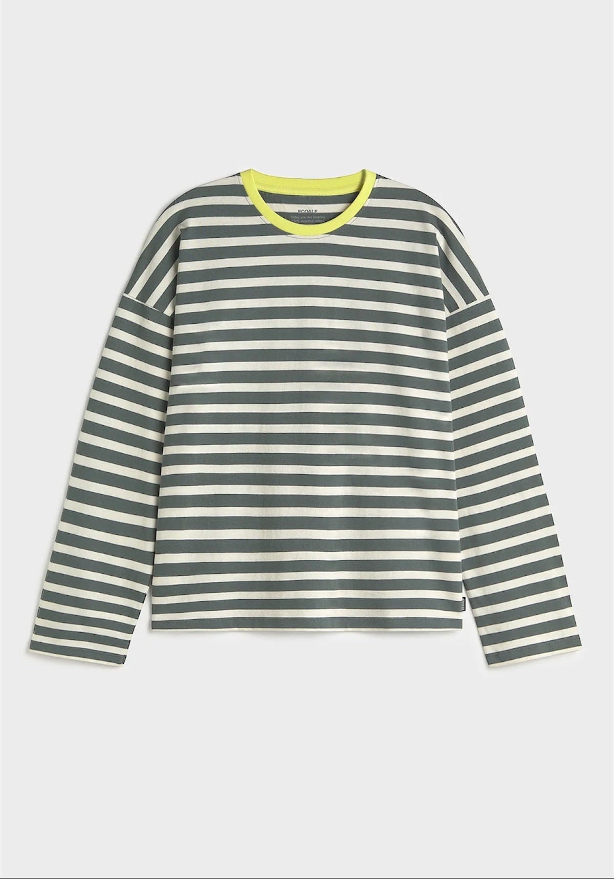 A long-sleeve striped top with horizontal dark green and off-white stripes from Ecoalf, featuring a bright yellow-green crew neck trim, shown flat against a light gray background.