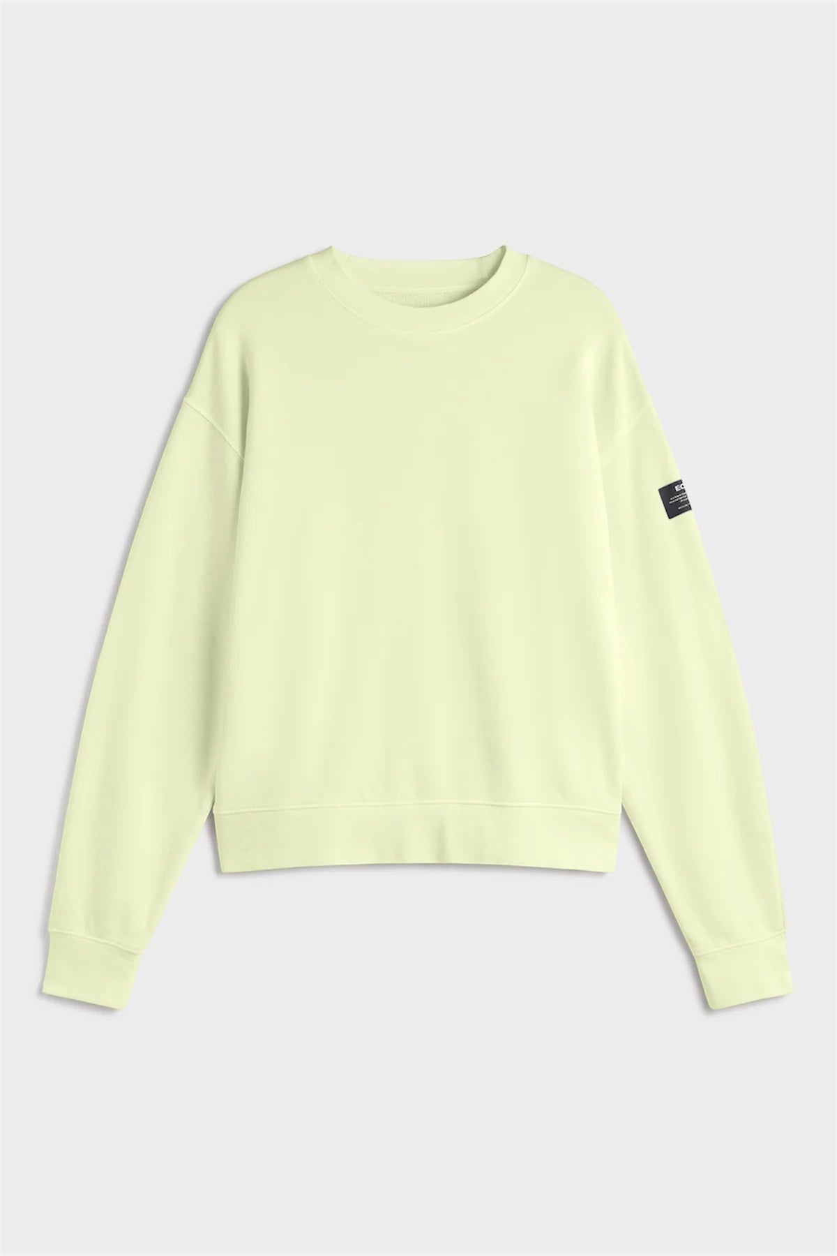 A pale lime-green crewneck sweatshirt by Ecoalfwith a small black brand patch on the left sleeve, displayed flat against a light gray background.
